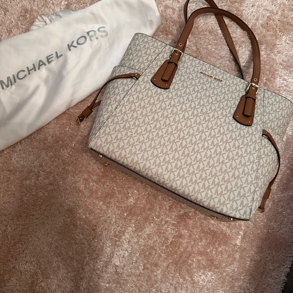 Michael Kors White and Brown Tote Bag with Monogram Print